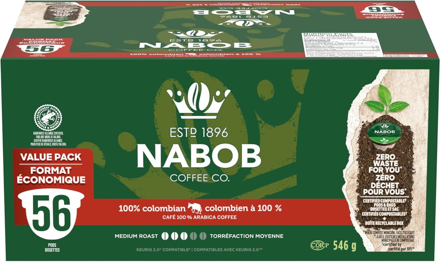 Pack of 2 - Nabob 100% Colombian Coffee Certified Compostable Pods, 546 g Box