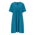 thumbnail image 4 of Swstbby Liquidation d'Économies d'Été! Robe d'Été pour Femmes, Robe Décontractée Ample Mode Rétro en Coton et Lin à Manches Courtes, Col en V, Plissée, Bleu G, 4 of 5