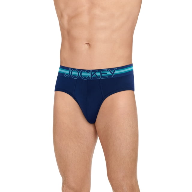 Jockey Sport Men's Stability Pouch Microfiber Brief in a dark blue color, featuring a mid-rise fit with full coverage. The brief includes a supportive U-pouch for gentle hold during jogging or training, crafted with breathable quick-dry mesh and eco-friendly recycled polyester. The waistband displays the Jockey logo with blue and teal stripes. Enhanced with Staycool+ technology for moisture-wicking comfort, this no-fly design offers a compression-free fit for secure support.