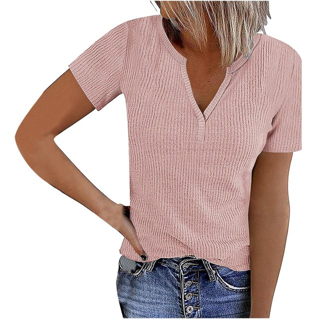 Jsaierl Ribbed Knit Tank Tops for Women Solid Color Notched V Neck Short Sleeve Shirts Daily Going Out Basic Tees Tops