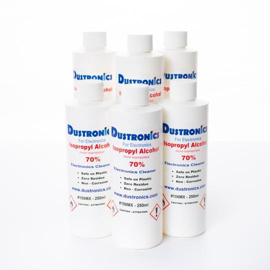 Electronic Cleaner Ultra Pure Isopropyl Alcohol 70%, 250ML 6 PACK by Dustronics. Six white bottles with blue and red labeling, featuring specifications such as technical grade, safe on plastics, zero residue, non-corrosive, and ozone safe. Suitable for cleaning and maintaining computers and electronic accessories.