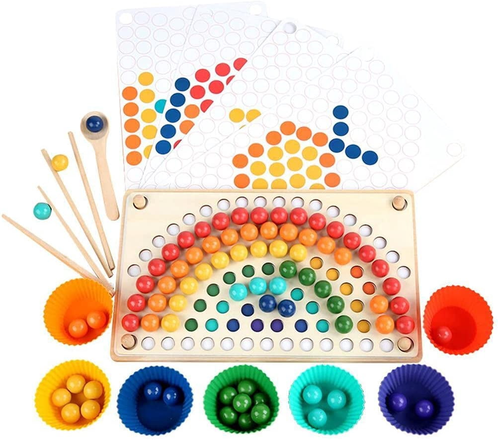 Wooden Clip Beads Game, Wooden Go Games Set Dots Shuttle Beads Board Games, Rainbow Ball Matching Toy Elimination Game Early Education Toys Puzzle Board Game for Kids