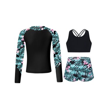 YiZYiF Kids Girl's Rash Guard Swimsuit 3-Piece Long Sleeve Print Swim Shirt with Crop Top Shorts Set Black 14