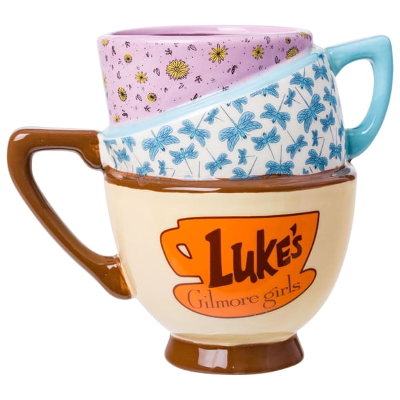 Silver Buffalo Gilmore Girls Stars Hollow Destination Locations: Lukeâ??s Diner, Dooseâ??s Market, and Dragonfly Inn Ceramic 3D Sculpted Stacked Teacup Mug, 20 Ounces