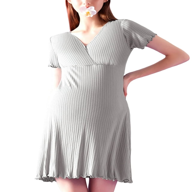 Robe de Maternité à Manches Courtes pour Femmes, Manches Courtes, Col en V, Garniture à Volants, Chemise de Nuit de Maternité