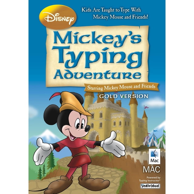 Disney Mickey's Typing Adventure Gold - Mac digital code cover featuring Mickey Mouse in a red medieval outfit with a feathered hat standing on a stone path, with a yellow castle and colorful tents in the background, promoting a children's typing educational game starring Mickey and friends.
