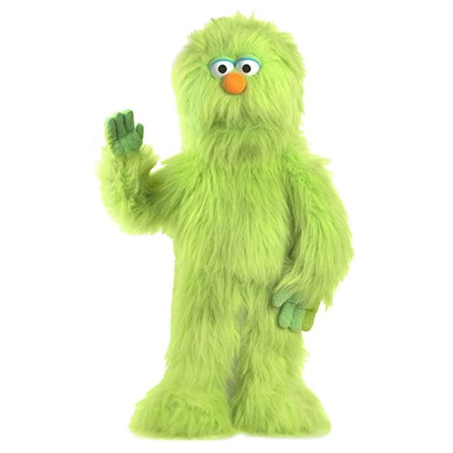 30-inch Green Monster Puppet, full body ventriloquist style puppet by Silly Puppets. Features bright green fur, big funny eyes, a round orange nose, and a large, easy-to-move mouth. Includes one arm control rod for hand movement. Designed for puppet ministry, school performances, and theater. Lightweight and suitable for ages 6 and up.