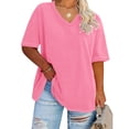 thumbnail image 1 of Jsaierl Womens Plus Size Loose Casual Tops Solid Color Summer V Neck T-Shirts Daily Simple Short Sleeve Blouses, 1 of 4