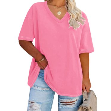 Womens Tops DYTTDG Women's Plus Size T-Shirt V-Neck Short Sleeve Tee Casual Loose Basic Top Clearance under 10 Pink,XL