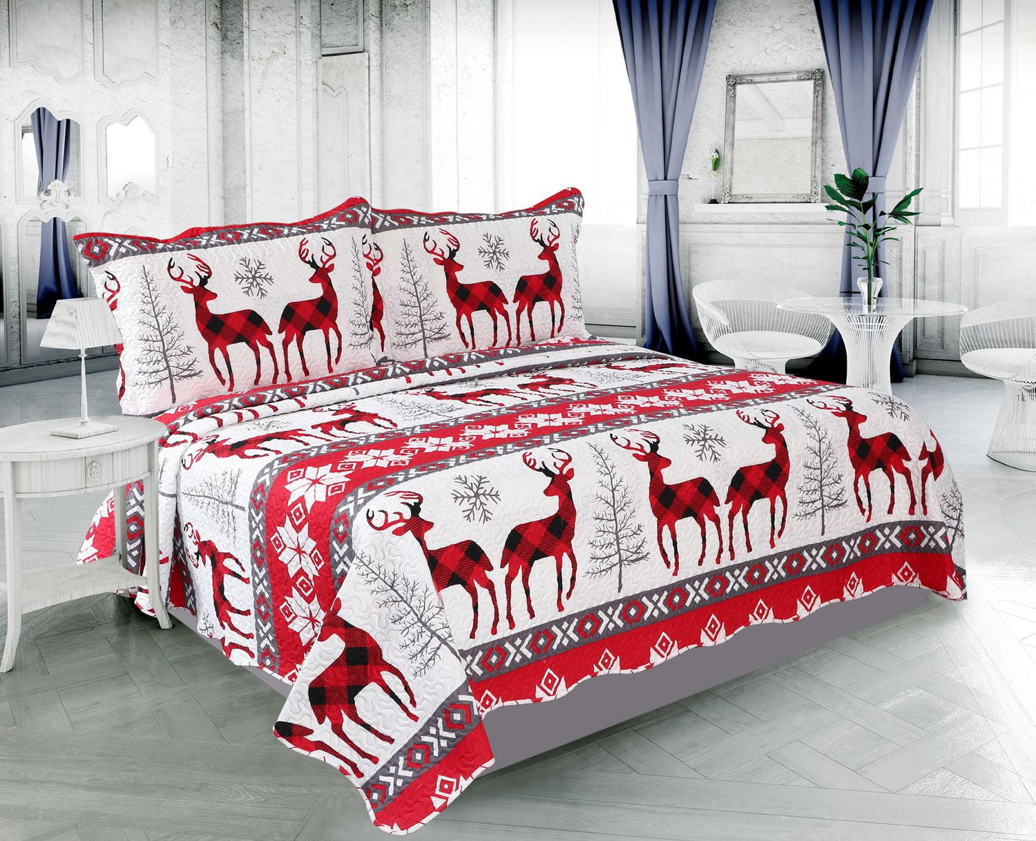 Marina Decoration Rich Printed Embossed Pinsonic Coverlet Bedspread Ultra Soft Bedding Summer Christmas Quilt Ensemble avec taies d'oreiller, motif flocon de neige de Noël et cerf