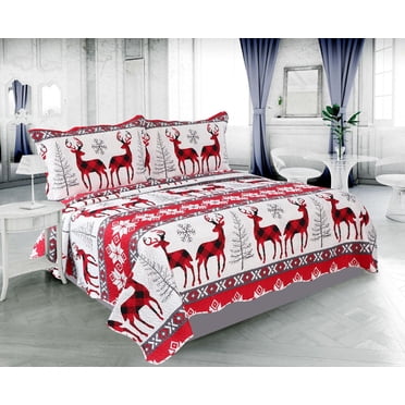 Marina Decoration Rich Printed Embossed Pinsonic Coverlet Bedspread Ultra Soft Bedding Summer Christmas Quilt Set with Shams, Xmas Snowflake and Deer Pattern