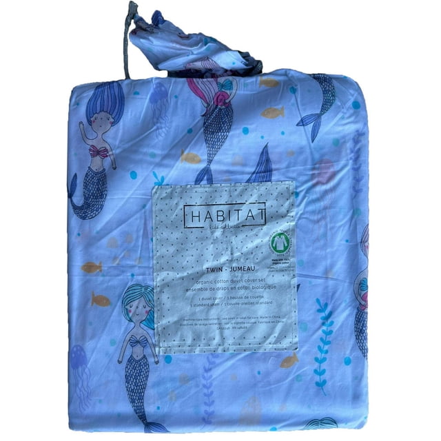 Johnson Home Organic Cotton Duvet Cover Bedding Set twin size featuring a playful mermaid and fish pattern in pastel colors on white, made from breathable 200 thread count organic cotton for a cool, comfortable, and eco-friendly sleep environment.