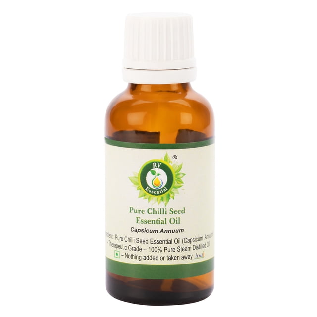 R V Essential Pure Chilli Seed Essential Oil, Capsicum Annuum, 100% natural steam distilled therapeutic grade oil in a 100ml amber glass bottle. Ideal for aromatherapy and essential oil singles. The label displays product details and branding.