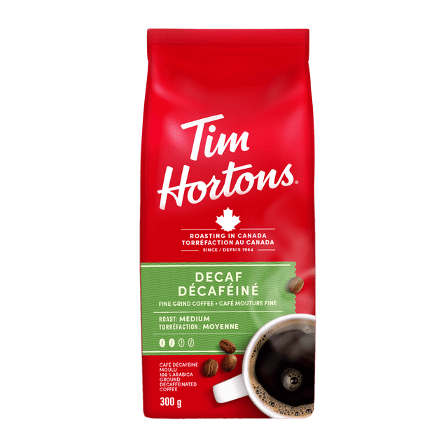 Tim Hortons Decaf Ground Coffee, Medium Roast, Ground Coffee Bag, Made with 100% Arabica Beans, Smooth & Balanced, Rich Taste, 300g
