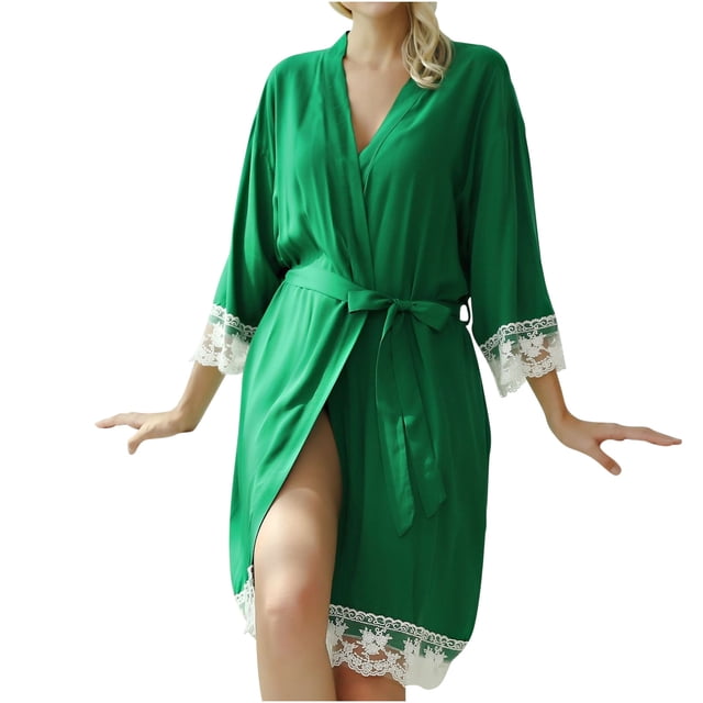 Penkiiy Robe en Dentelle Patchwork Pyjama de Maison pour Femmes Pyjama à Manches Longues pour Femmes Chemises de Nuit Peignoirs Tenue d'Intérieur L Vert