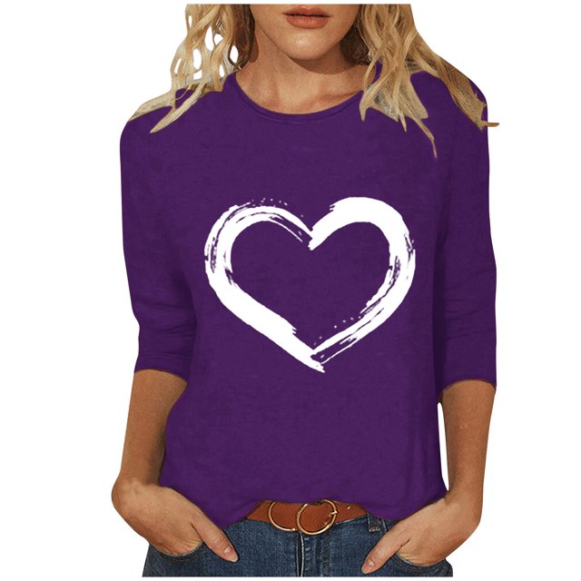 Plebaso Hauts Cœur pour Femmes Manches 3/4 Col Ras du Cou T-Shirts Graphiques Mignons Imprimés Blouses Décontractées pour Femmes