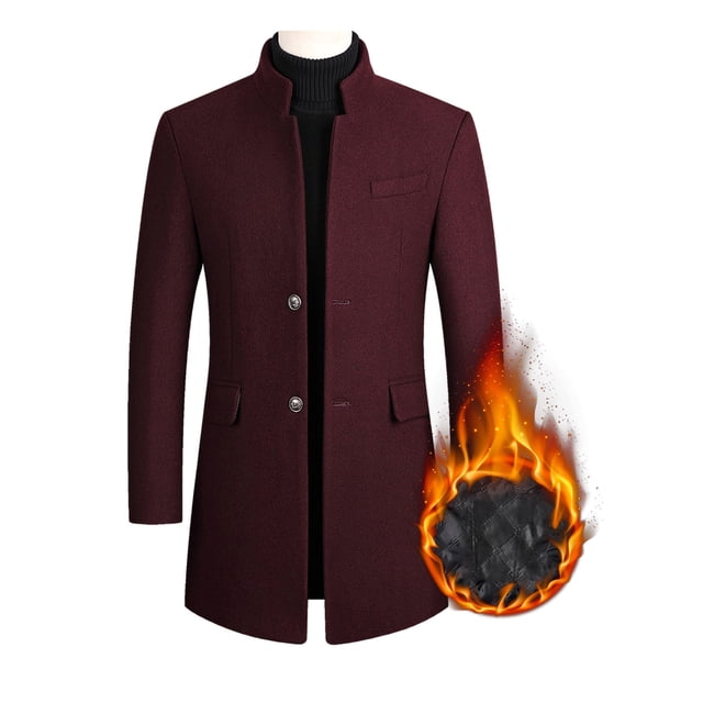 UKAP Men Pea Coat Solid Color Trench Coats Lapel Jacket Mid Length Work Outwear Wine Red (thickened) S