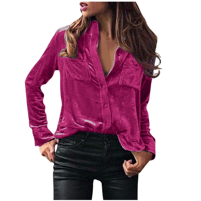 Plebaso Women's Velvet Long Sleeve Button down Shirts Fall Winter Tops Womens Dressy Blouses with Pockets