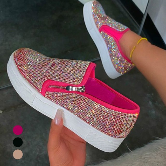 Stylish Women Slip On Shiny Rhinestone Zipper Platform Shoes Low-cut Sneakers