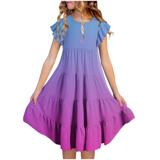 RXIRUCGD 2025 Vêtements d'Été pour Enfants Mode Filles Nouvelle Robe d'Été à Manches Courtes Poches à Volants Col Rond Imprimé
