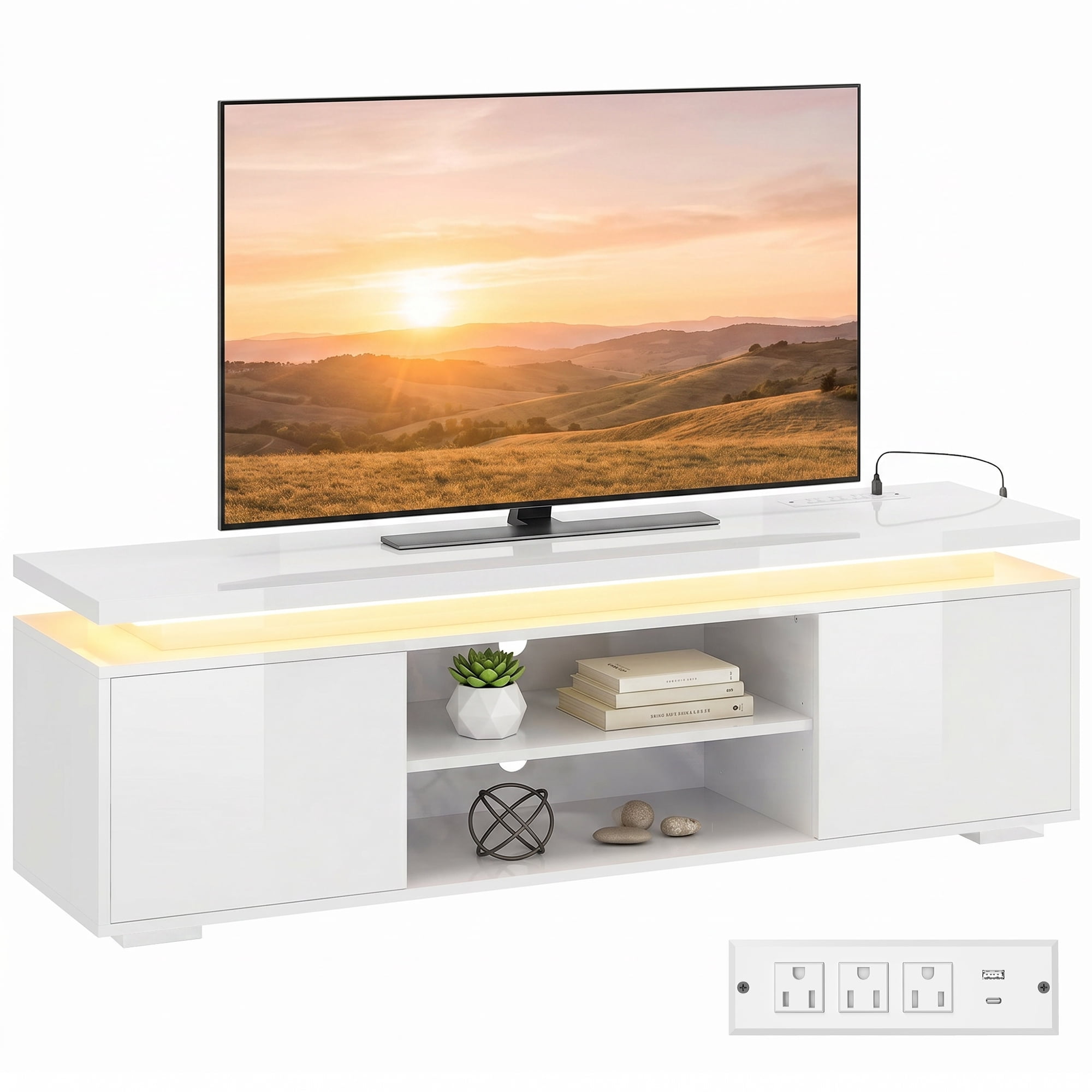 HOMCOM TV Stand with LED Lights for 60" TV, Console Table, High Gloss White