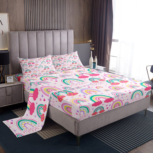 Erosebridal Colorful Rainbow Sheet Set King, Cute Love Heart Bedding Sets King Size, Princess Decor 4pcs