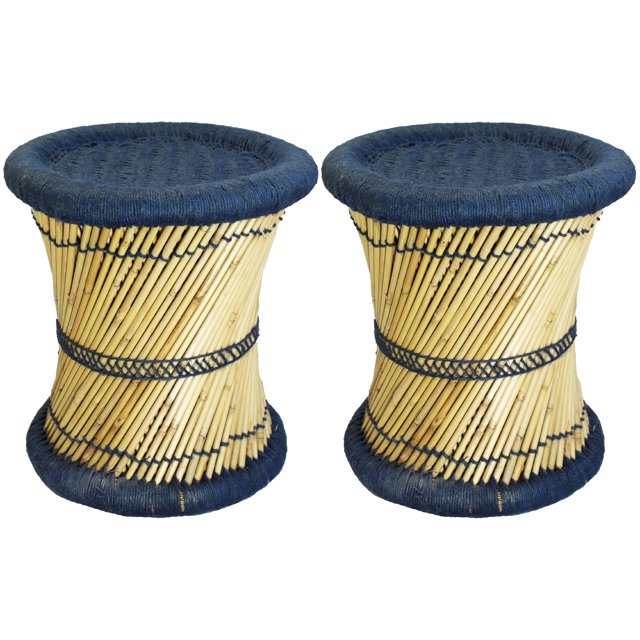 Natural Geo Moray Accent Stool (Set of 2) - Handwoven Blue