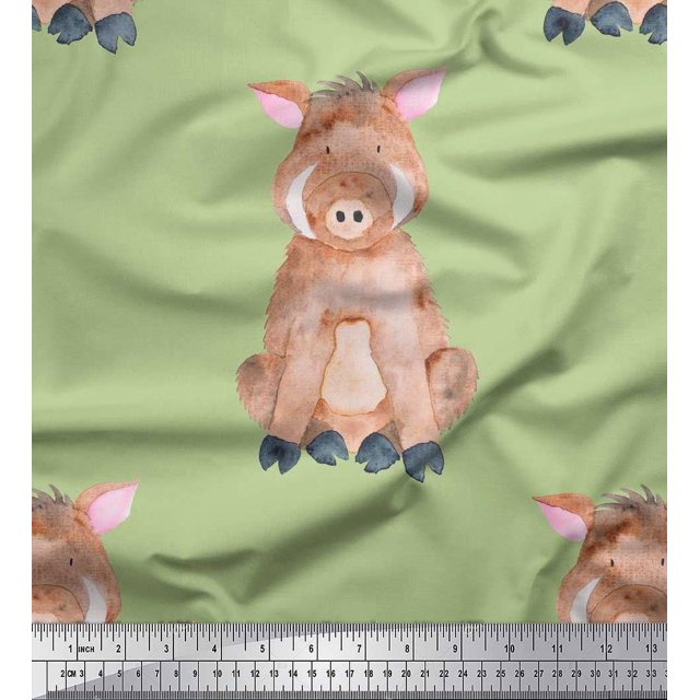 Soimoi Green polyester Crepe Fabric Pig Animal Print Fabric by the Yard 42 Inch Wide