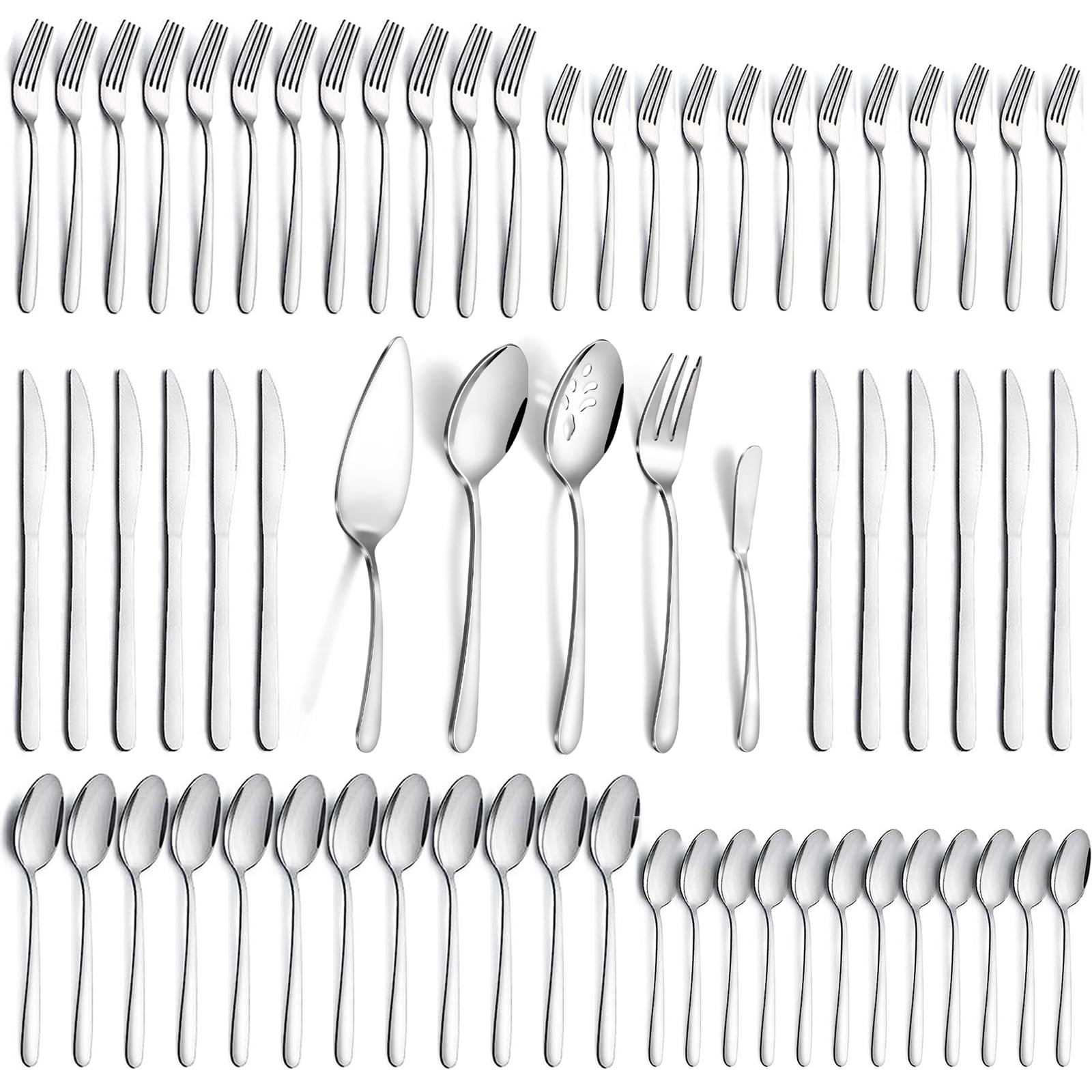 Mirdinner 65 Pcs Silverware Set with Serving Set for 12, Stainless Steel Flatware Cutlery Set Contains 5 Pcs Serving Set, for Home, Restaurant or Parties, Dishwasher Safe