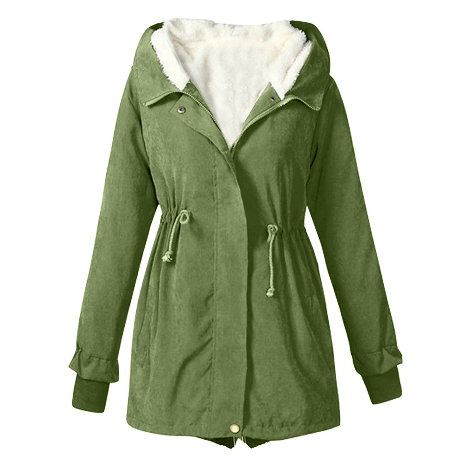 WEIYLL Fleece Jacket Women Warm Solid Color Hooded Zipper Pockets Army Green Ladies Fall Tops And Blouses Size M
