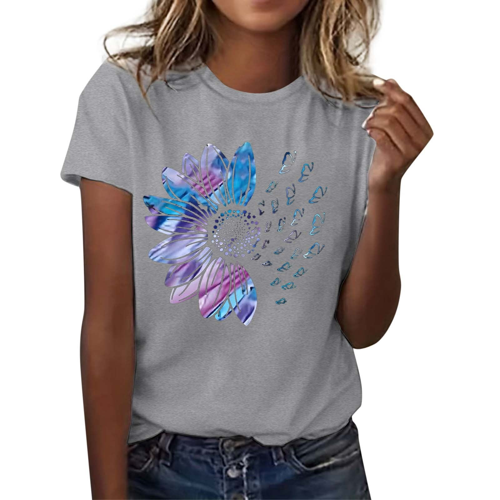 WEIYLL Womens T-Shirts Letter Print Short Sleeve Crew Neck Grey Tops Sizes XL