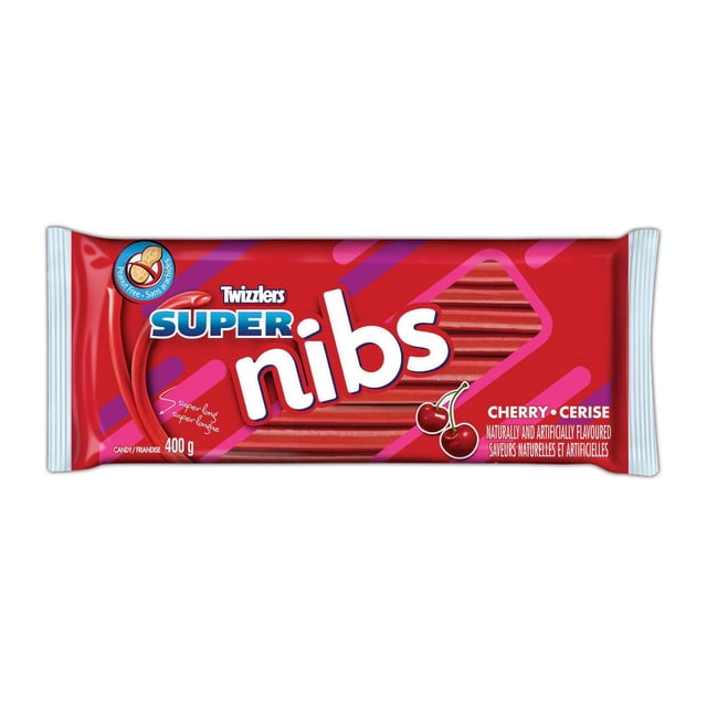 TWIZZLERS SUPER NIBS Cherry Candy Sac de 400 g de Bâtonnets de Réglisse Moelleux à Faible Teneur en Gras à Saveur de Cerise, Casher et Sans Arachides, dans un Emballage Rouge avec Graphiques de Cerises, Idéal pour Grignoter sur le Pouce Ou pour Partager à la Maison.