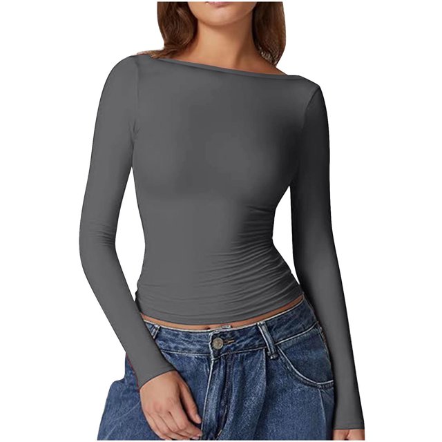 Dealovy Womens Long Sleeve Shirts Round Neck Slim Fitted Going out Tops Solid Color Basic Undershirts