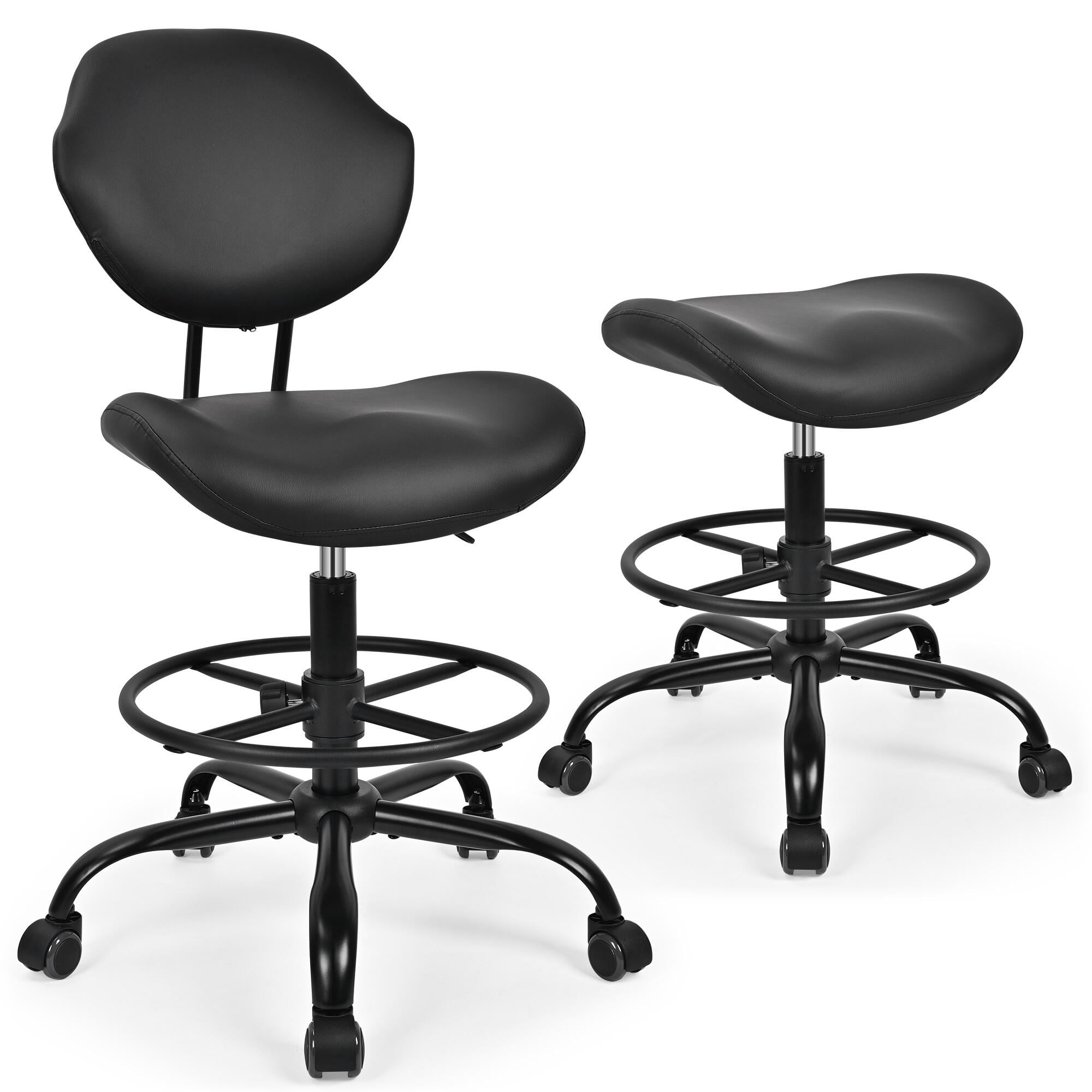 Drafting Chair with Back Support, Tall Office Chair Rolling Stool with Footrest Ring, Faux Leather Office Desk Chair, Height Adjustable