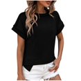 thumbnail image 1 of AherBiu Hauts d'Été pour Femmes à Manches Courtes, Rayés, Côtelés, Col Ras du Cou, Chemises Décontractées Amples, Blouse, 1 of 6