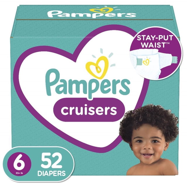 Pampers Cruisers Diapers Super Pack size 6 for babies 35+ pounds, containing 52 disposable diapers with stay-put waist design, displayed on teal packaging featuring a large white heart with purple outline.