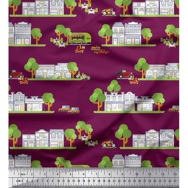Soimoi Cotton Voile Fabric Vehicles,Tree & Shops Architectural Printed Fabric 1 Yard 42 Inch Wide