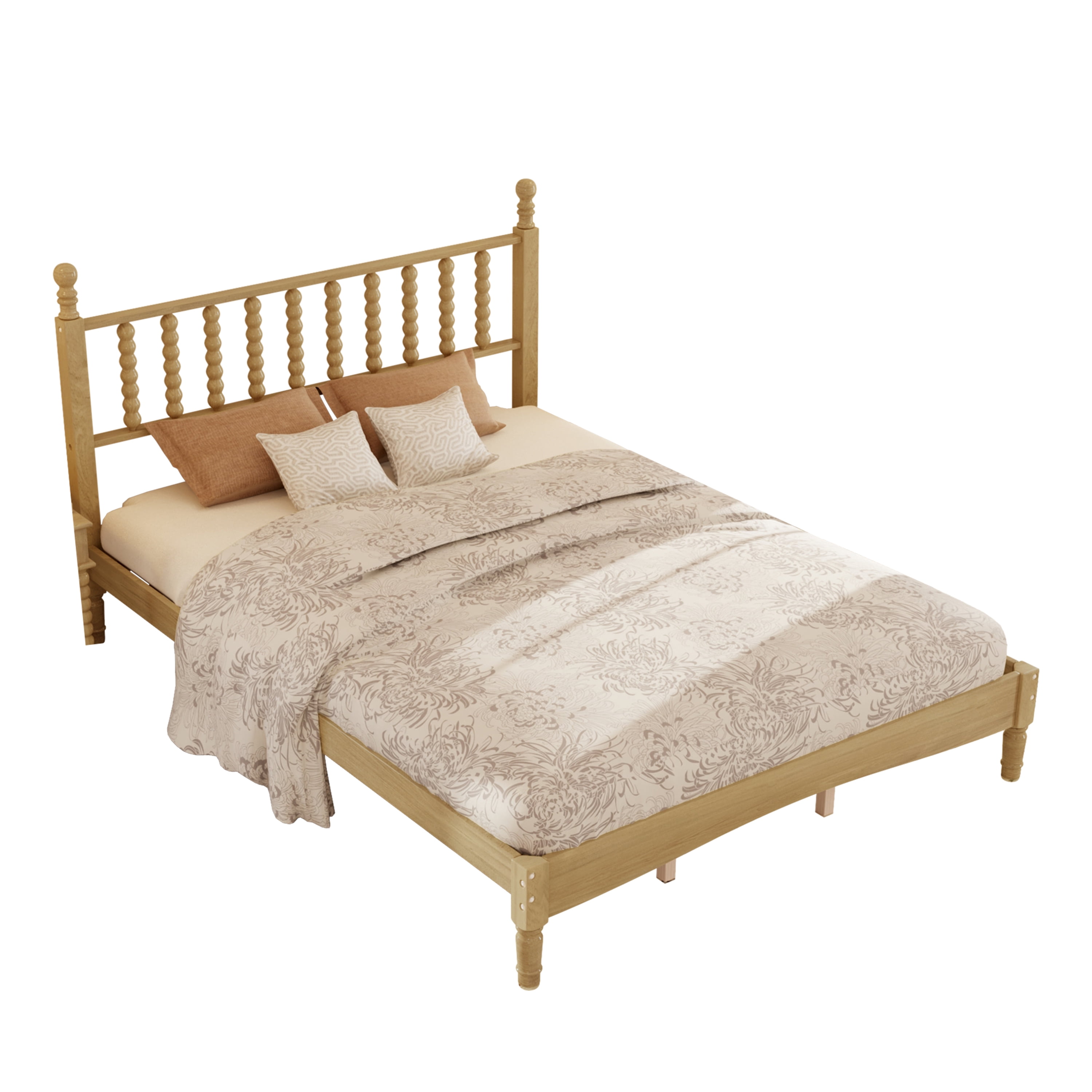 Homy Casa Queen Wood Platform Bed with Gourd-Shaped Headboard, Natural Finish, 10 Slats, No Box Spring