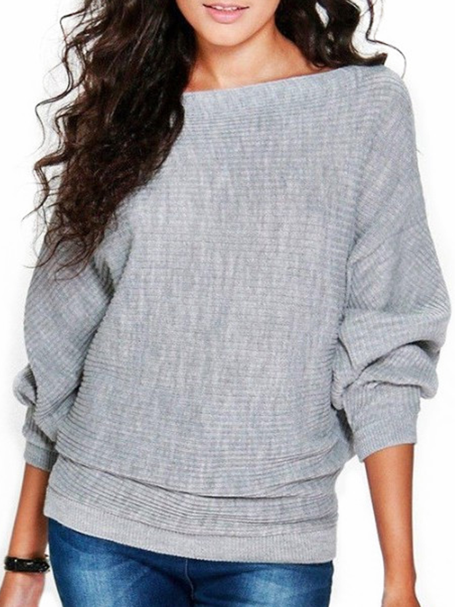 MAWCLOS Women Pullover Solid Color Jumper Tops Winter Warm Sweater Cozy Work Bat Sleeve Knitted Sweaters Grey L
