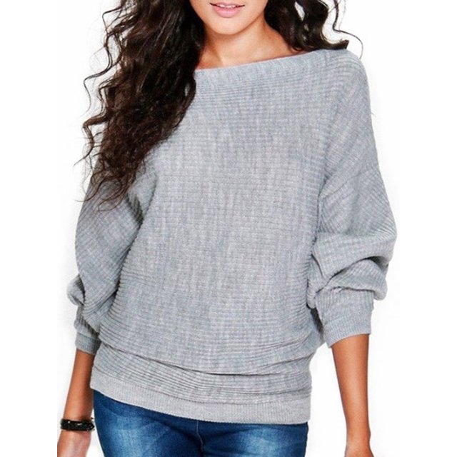 MAWCLOS Women Pullover Solid Color Jumper Tops Winter Warm Sweater Cozy Work Bat Sleeve Knitted Sweaters Grey L