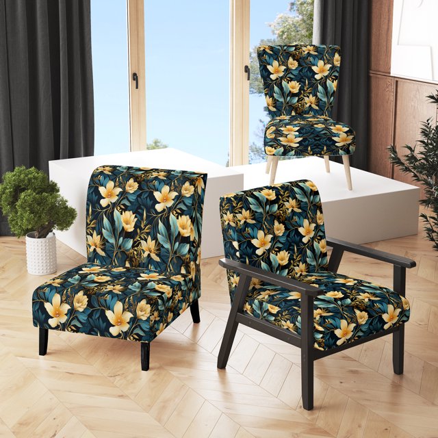 Designart "Twilight Serenity In The Tropics I" Gold Tropical Upholstered Accent Chair - Tropical Arm Chair For Bedroom