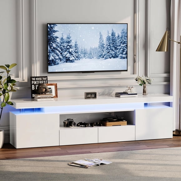 LED TV Stand for 75/80/85 Inch TV, 74in Large Media Console Table Modern High Gloss Entertainment Center with Power Outlets, RGB LED Lights & Glass Storage Shelves for Living Room