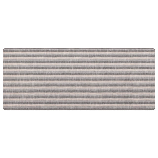 2-ft x 5-ft Wicklow Canvas Woven Low Profile Non-Slip Grey Floor Mat Runner with flat-woven horizontal grey stripes and rubber backing to prevent slipping, providing cushioning and texture ideal for kitchens, bathrooms, or entryways.