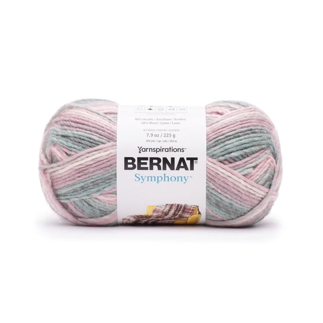 Bernat Symphony Écheveau de Fil Mélangé Volumineux #5 en Rose pastel, Gris et Blanc, 7,9 oz (225 g), Mélange Doux d'Acrylique et de Laine avec texture Légèrement Brossée, Idéal pour les Projets de Tricot et de crochet Volumineux et pour Ajouter un Contraste tactile aux Oreillers et aux afghans.