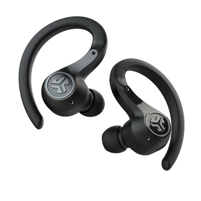 JLab Epic Air Sport ANC True Wireless Earbuds in black with over-ear hooks and matte finish, featuring the JLab logo, Bluetooth 5 connectivity, active noise cancelling, and customizable sound via app, suitable for sports and long battery life.