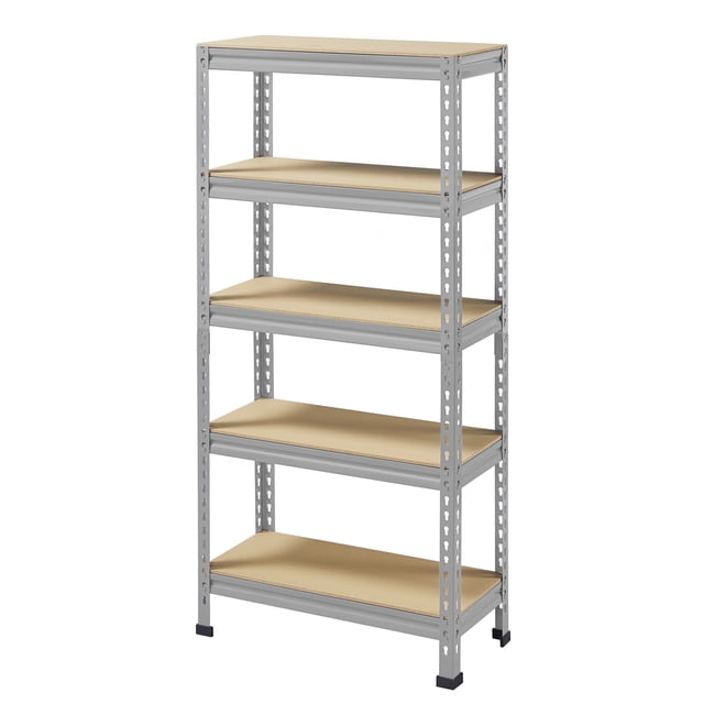 Yaheetech 5 Tiers Storage Shelf Metal Frame Organizer Rack in light gray, featuring a sturdy steel frame and 8mm thick E1 MDF boards. This boltless shelving unit has adjustable shelves and a maximum weight capacity of 330 lb per tier. It includes anti-skid rubber pads for stability and floor protection. Dimensions are 27.6 inches long, 11.8 inches wide, and 59 inches high, suitable for garages, kitchens, or balconies.