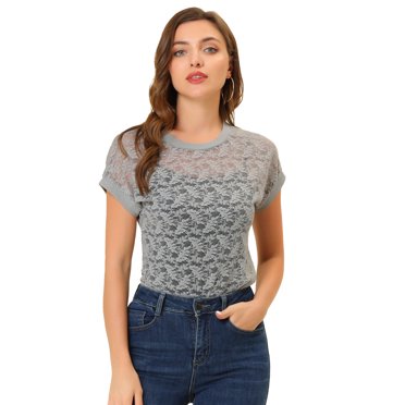 INSPIRE CHIC Haut en Dentelle Florale Transparent à Manches Courtes Décontracté pour Femme P Gris