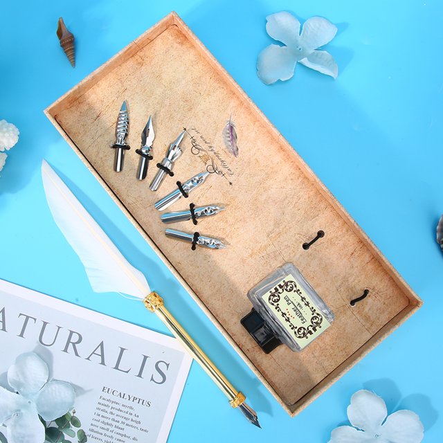 9.4Inch Feather Pen Set, Calligraphic Feather Pen, Student Gift For Christmas Birthday For Thanksgiving Days White
