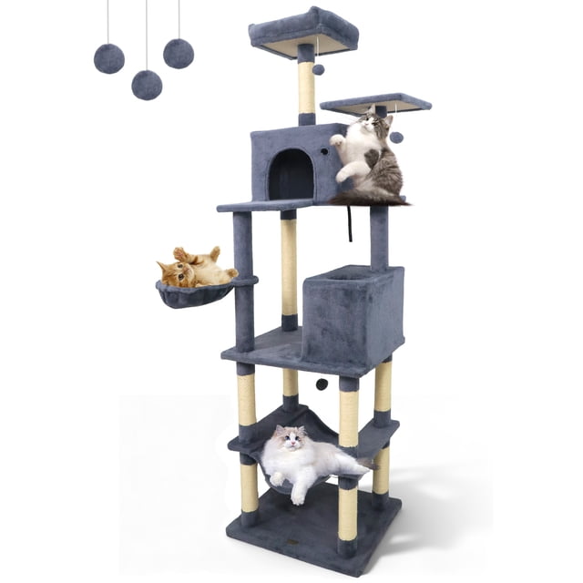 Gymax 80'' Tall Cat Tree w/2 Condos Sisal Scratching Posts Plush Perch Hammock Basket Dark Gray