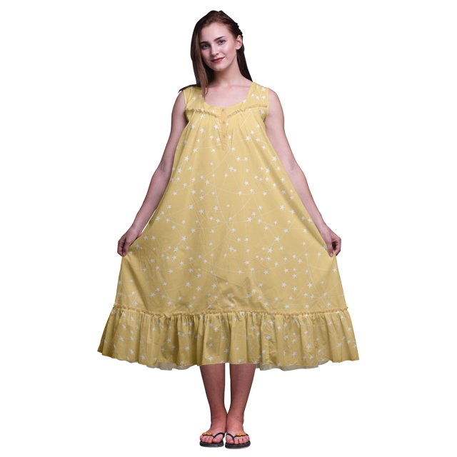Bimba Orange Pâle2 Étoile Blanc Mi-Mollet Vêtement de Nuit Femme Coton Imprimé Sans Manches Robe de Nuit Maxi Taille X-Grand